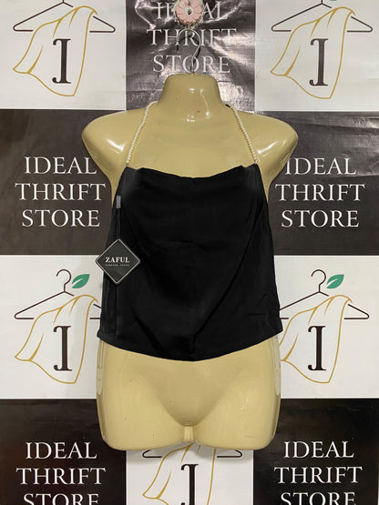 ZAFUL |M| BUST 16| A68| BLACK SATIN PEARL STRAP HALTER CAMI TOP