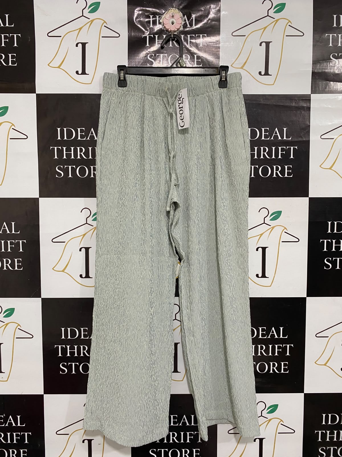 GEORGE |L| WAIST 30| A68|  GREEN FINE STRIPED WIDE-LEG TROUSERS