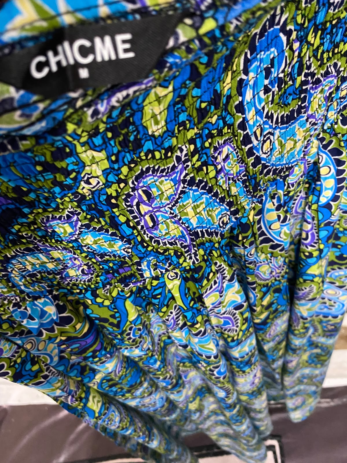 CHICME |M| WAIST 24| A68| BLUE & GREEN PAISLEY PRINT SMOCKED STRAPLESS MAXI DRESS