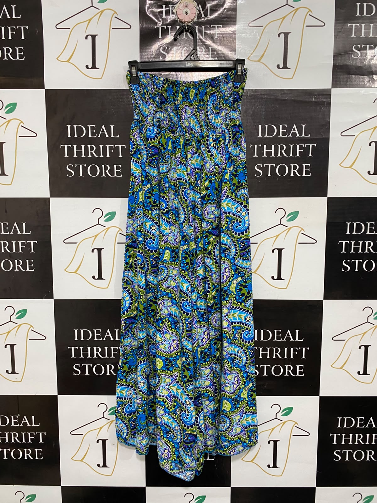 CHICME |M| WAIST 24| A68| BLUE & GREEN PAISLEY PRINT SMOCKED STRAPLESS MAXI DRESS