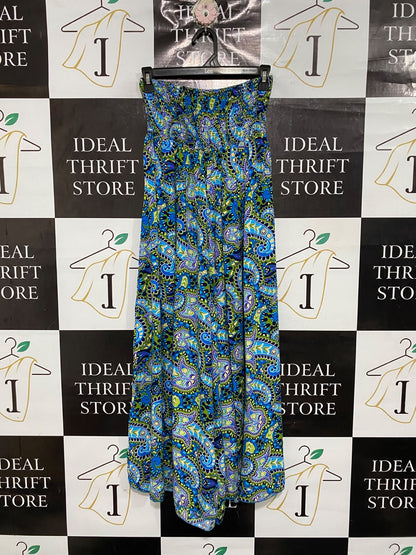 CHICME |M| WAIST 24| A68| BLUE & GREEN PAISLEY PRINT SMOCKED STRAPLESS MAXI DRESS