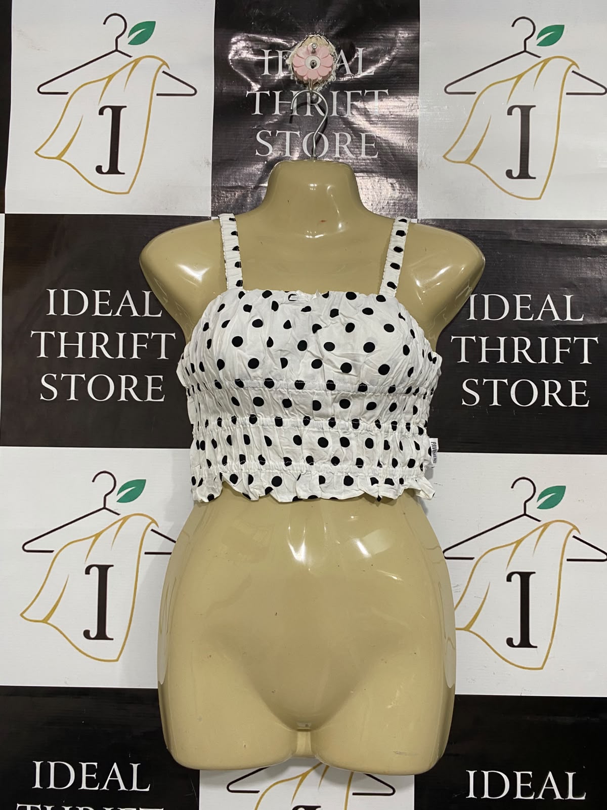 PAVEMENT |XS| BUST 14| A68| WHITE & BLACK POLKA DOT SMOCKED CROP TOP