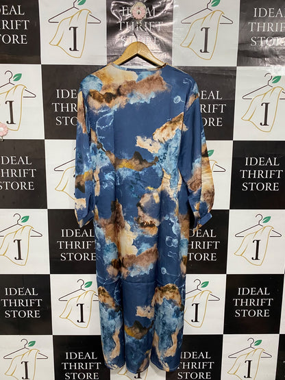 |XL| BUST 23| A68| BLUE ABSTRACT PRINT SATIN BUTTON-FRONT MAXI DRESS