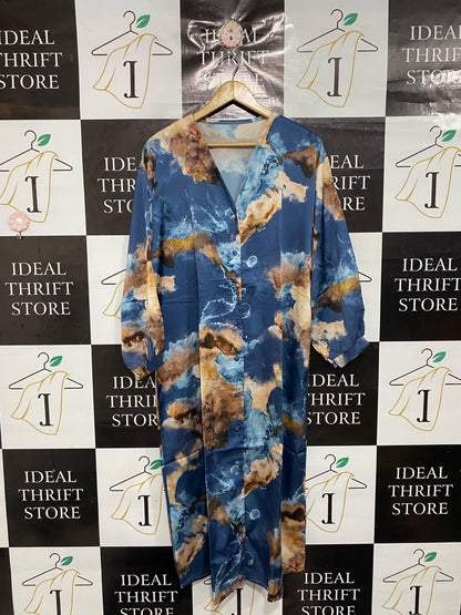 |XL| BUST 23| A68| BLUE ABSTRACT PRINT SATIN BUTTON-FRONT MAXI DRESS