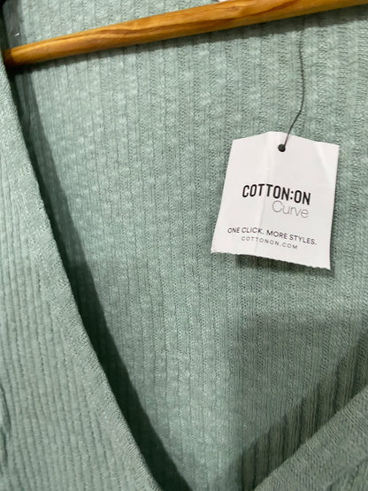 COTTON ON |S| BUST 17| A68|  CURVE SAGE GREEN RIBBED WRAP SHORT SLEEVE TOP