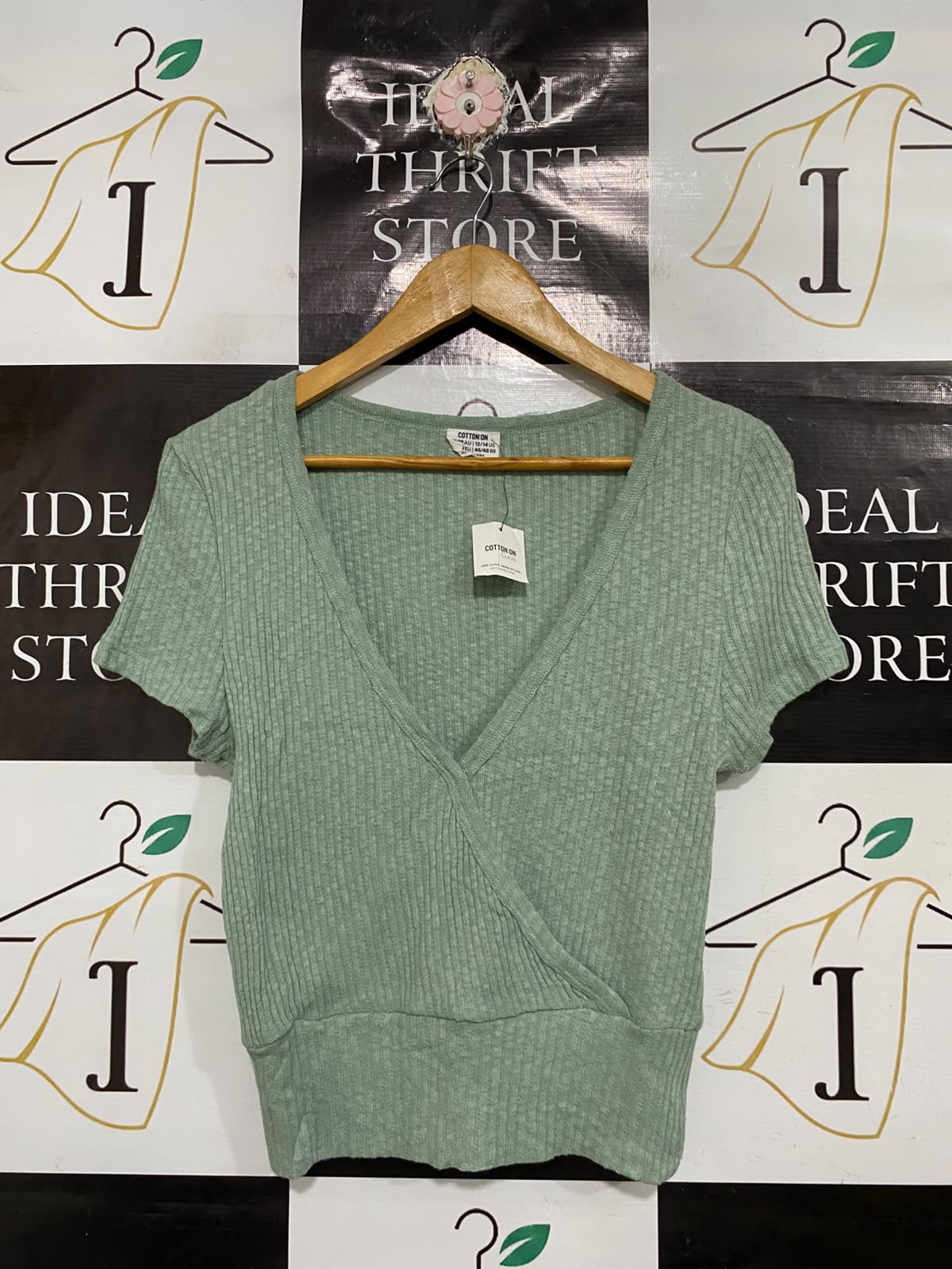 COTTON ON |S| BUST 17| A68|  CURVE SAGE GREEN RIBBED WRAP SHORT SLEEVE TOP