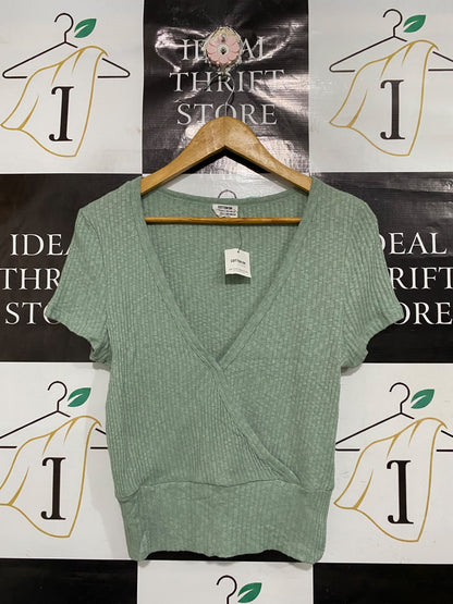 COTTON ON |S| BUST 17| A68|  CURVE SAGE GREEN RIBBED WRAP SHORT SLEEVE TOP