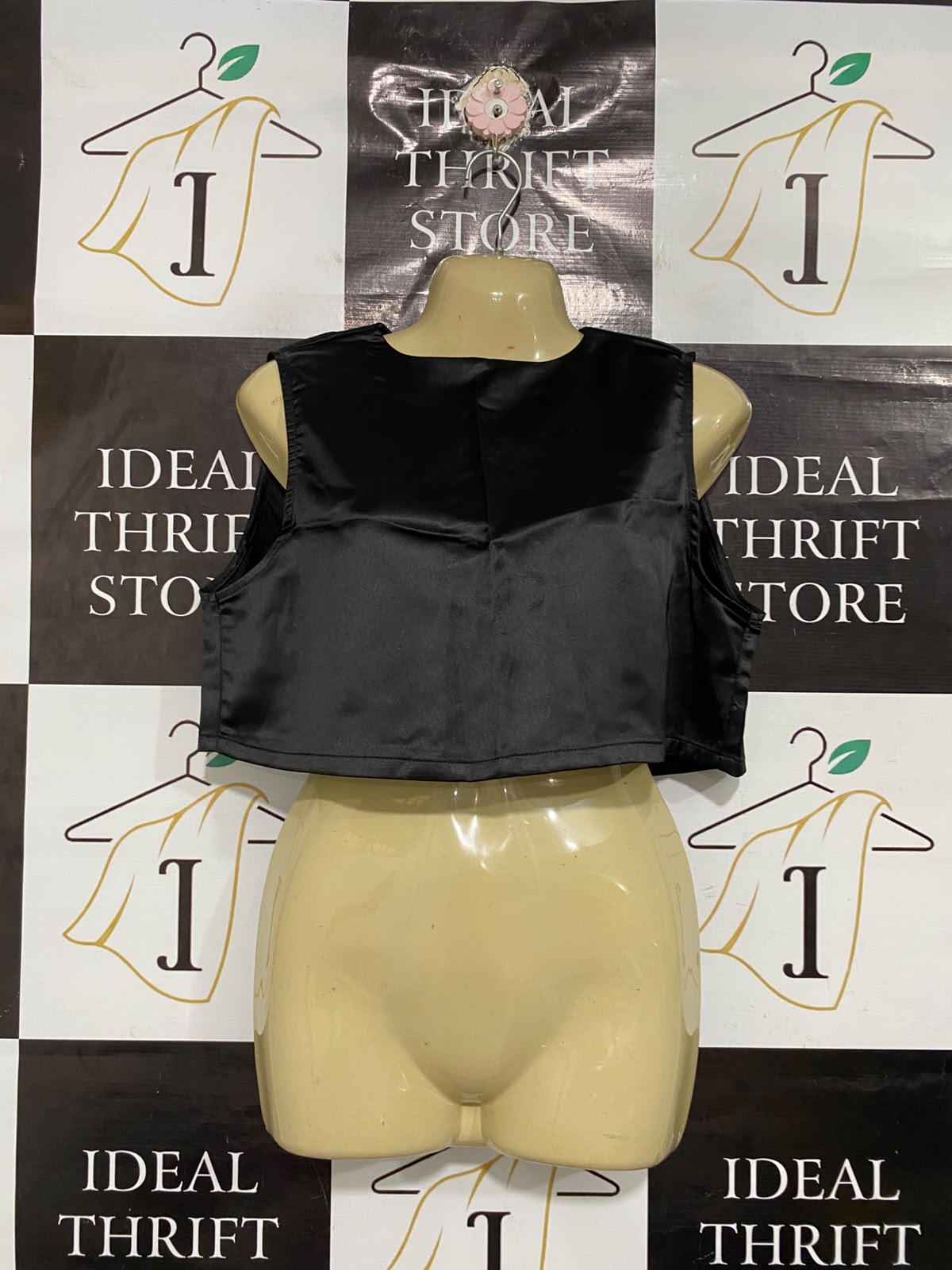 CHARCOAL |S| BUST 19| A68| BLACK SATIN SLEEVELESS CROP TOP