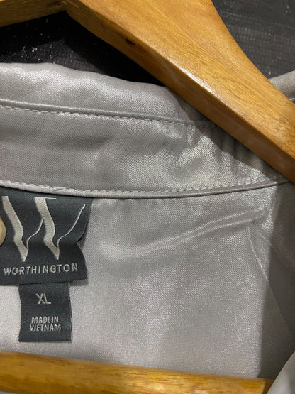 WORTHINGTON |XL| BUST 25| A68| SILVER METALLIC SATIN BUTTON-DOWN SHIRT