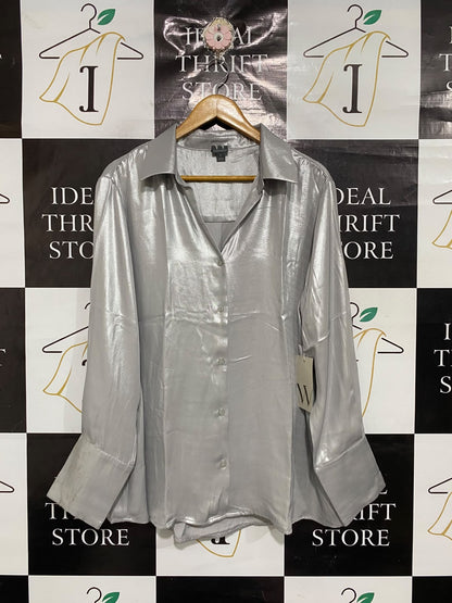 WORTHINGTON |XL| BUST 25| A68| SILVER METALLIC SATIN BUTTON-DOWN SHIRT