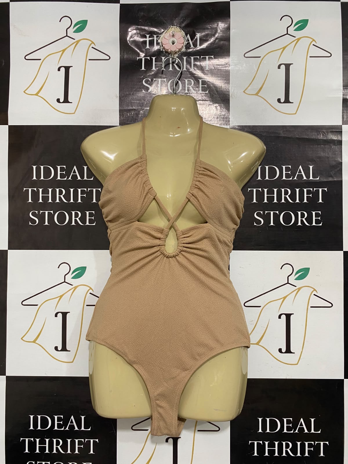 SEED |S| BUST 15| A68| BEIGE CUT-OUT HALTERNECK BODYSUIT / ONE-PIECE SWIMSUIT
