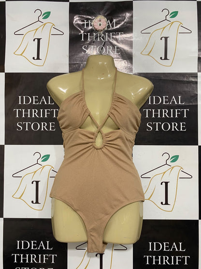 SEED |S| BUST 15| A68| BEIGE CUT-OUT HALTERNECK BODYSUIT / ONE-PIECE SWIMSUIT