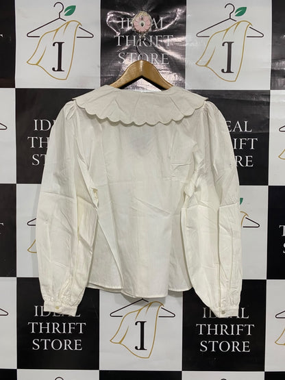 TU CLOTHING |M| BUST 22| A68| WHITE OVERSIZED SCALLOP COLLAR BLOUSE