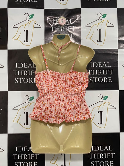 SHYANNE |S| BUST 16| A68| PINK FLORAL SMOCKED HALTER CAMI TOP