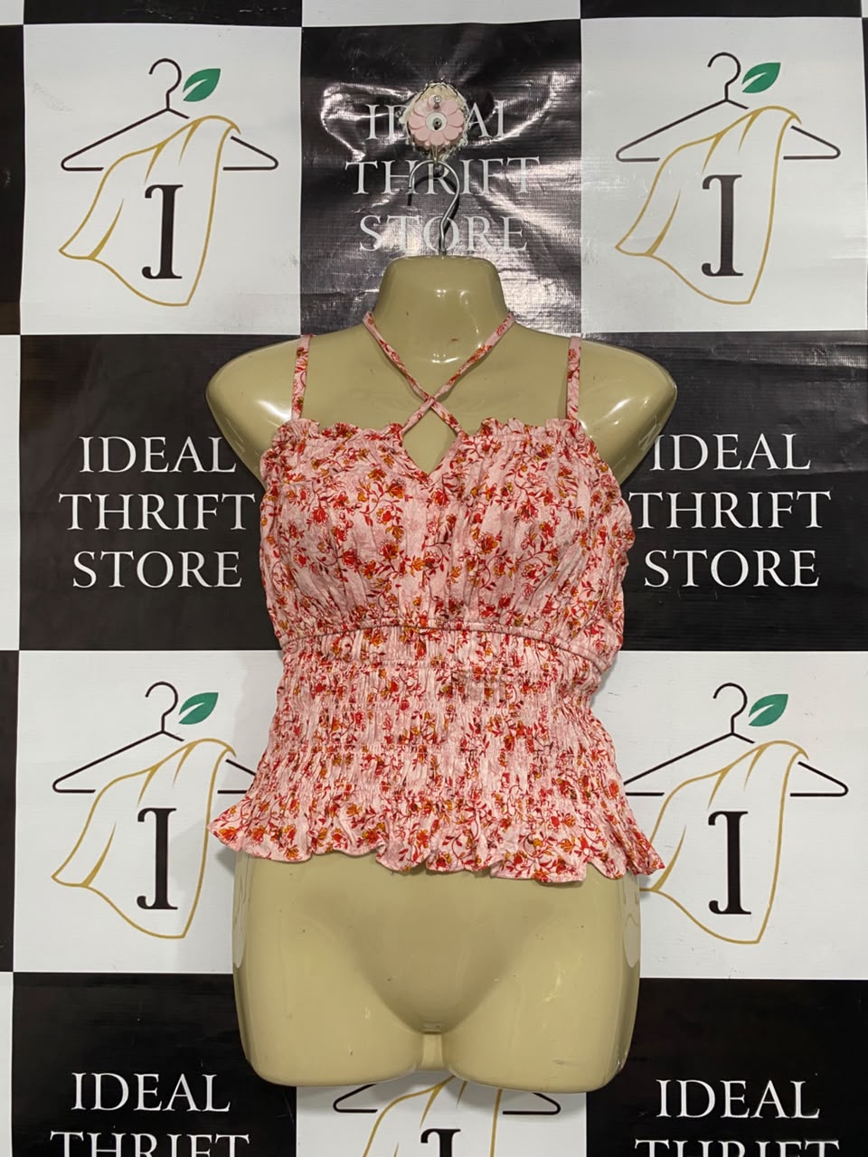 SHYANNE |S| BUST 16| A68| PINK FLORAL SMOCKED HALTER CAMI TOP