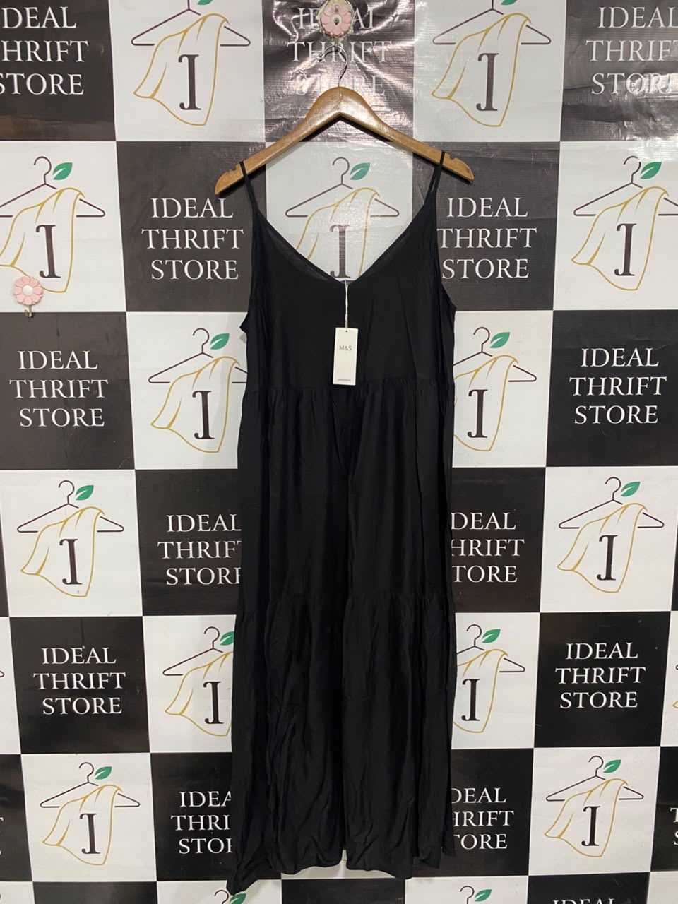 M&S |L| BUST 20| A68|  BLACK TIERED CAMI MAXI DRESS