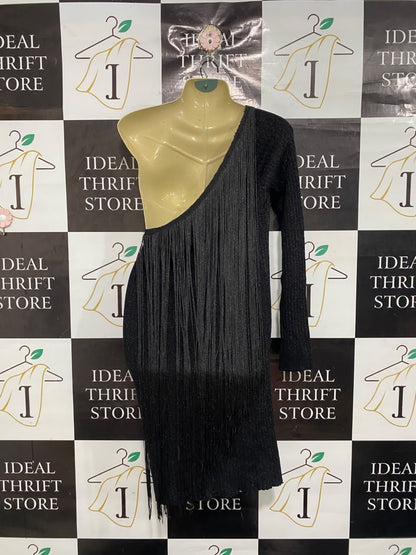MNG |S| BUST 16| A68| BLACK ONE-SHOULDER METALLIC FRINGE MINI DRESS