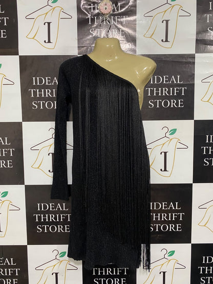 MNG |S| BUST 16| A68| BLACK ONE-SHOULDER METALLIC FRINGE MINI DRESS