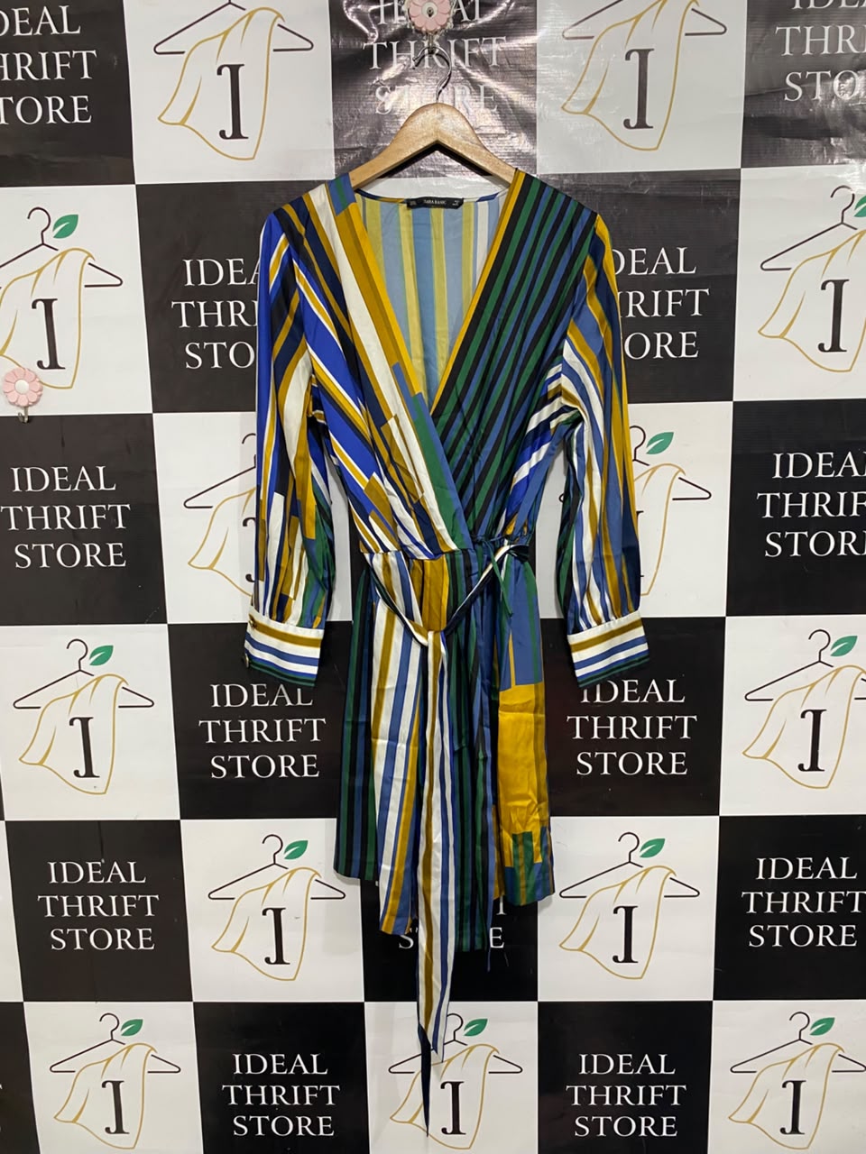 ZARA BASIC |XL| BUST 21| A68|  MULTICOLOR STRIPED WRAP MINI DRESS