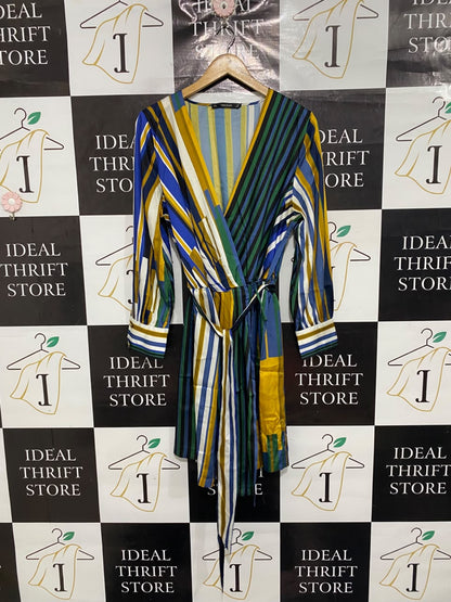 ZARA BASIC |XL| BUST 21| A68|  MULTICOLOR STRIPED WRAP MINI DRESS