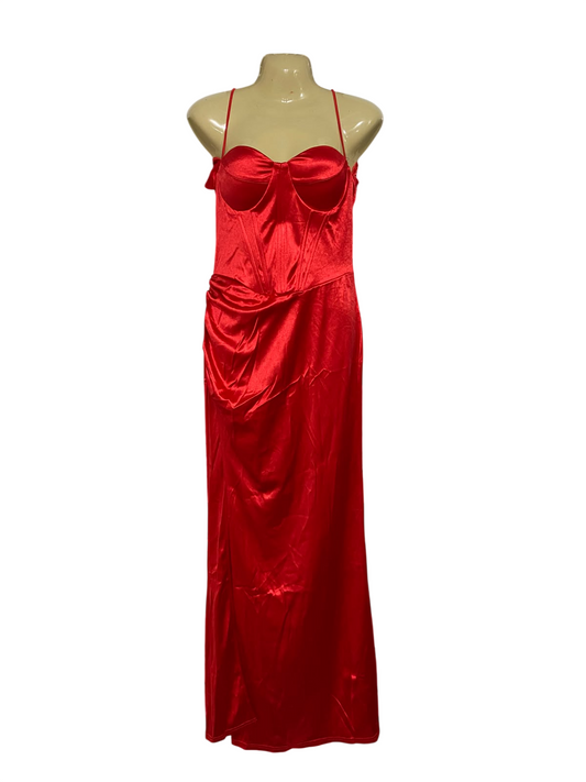 |XL| BUST 15| A68| RED SATIN CORSET-STYLE MAXI DRESS