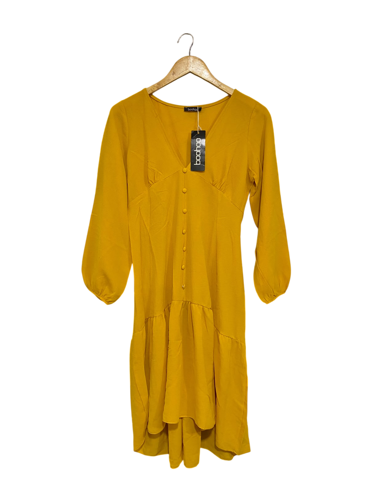 BOOHOO |L| BUST 19| A68| MUSTARD YELLOW BUTTON-FRONT TIERED MIDI DRESS