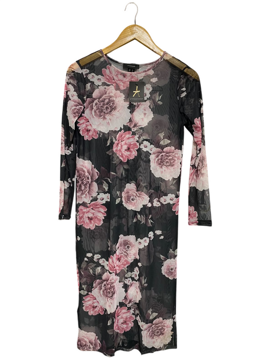 ATMOSPHERE |M| BUST 18| A68|  BLACK & PINK FLORAL MESH LONG-SLEEVE MIDI DRESS