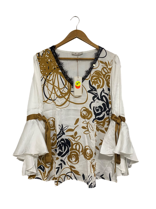 KITANA |L| BUST 23| A68|  WHITE & MUSTARD FLORAL LACE-TRIM BELL-SLEEVE BLOUSE