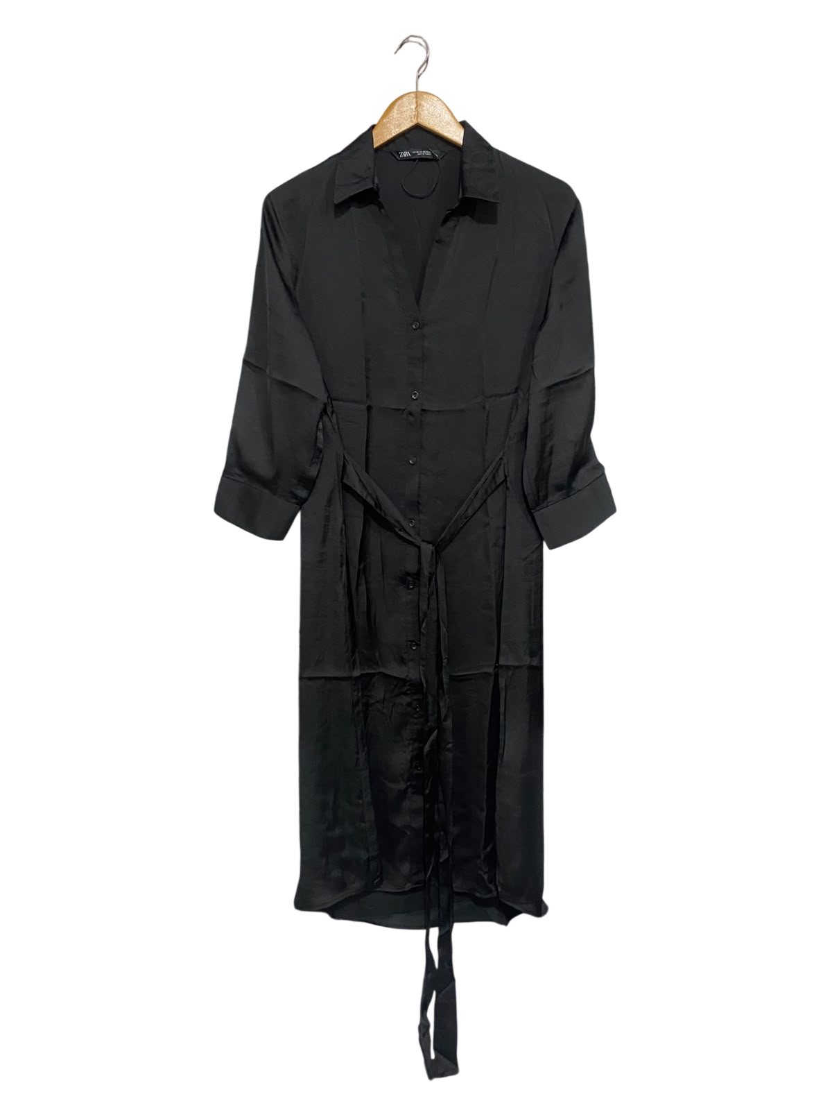 ZARA |XS| BUST 18| A68|  BLACK SILK SATIN BELTED SHIRT MIDI DRESS