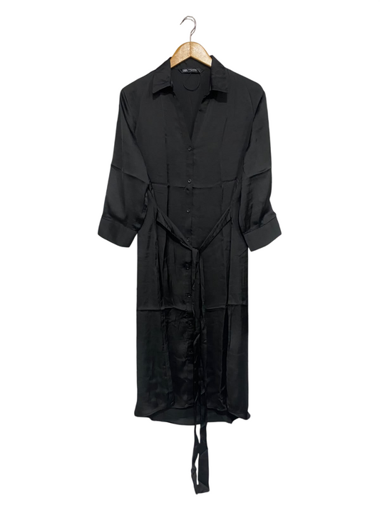 ZARA |XS| BUST 18| A68|  BLACK SILK SATIN BELTED SHIRT MIDI DRESS