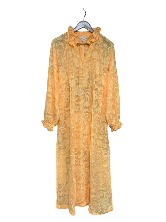 H&M  |M| BUST 24| A68| PEACH YELLOW BURNOUT FLORAL RUFFLE KAFTAN MAXI DRESS