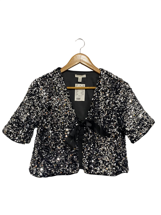 H&M |S| BUST 19| A68| BLACK METALLIC SILVER SEQUIN TIE-FRONT CROP JACKET