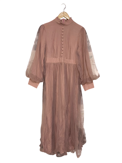 SHEIN |L| BUST 18| A69| DUSTY PINK ORGANZA MESH PUFF-SLEEVE MAXI DRESS