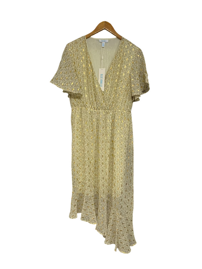 BLUE VANILLA |M| BUST 18| A69| CREAM GOLD METALLIC FOIL HIGH-LOW MIDI DRESS
