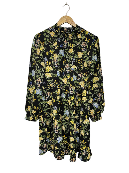 NEW LOOK |S| BUST 18| A69| BLACK FLORAL SMOCKED HIGH-NECK TIERED MINI DRESS