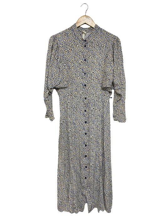 H&M |S| BUST 15| A69| BLUE AND YELLOW FLORAL BUTTON-FRONT LONG-SLEEVE MIDI DRESS