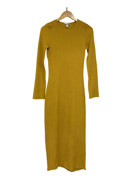 H&M |XS| BUST 15| A69| MUSTARD YELLOW TEXTURED CRINKLE LONG-SLEEVE MIDI DRESS
