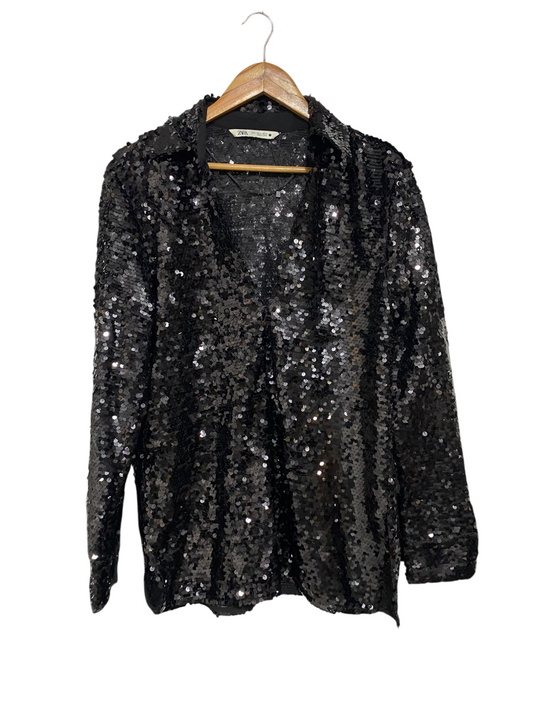 ZARA |S| BUST 20| A69| BLACK SEQUIN EMBELLISHED OVERSIZED SHIRT
