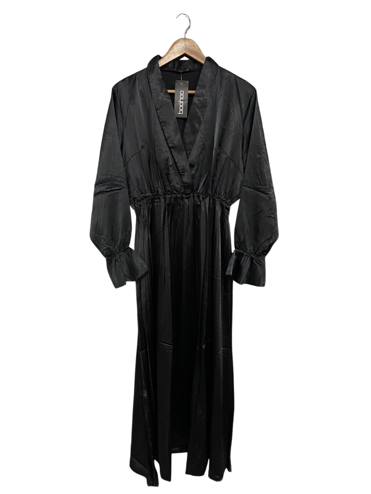BOOHOO |L| BUST 20| A69| BLACK SATIN WRAP-EFFECT LONG SLEEVE MAXI DRESS
