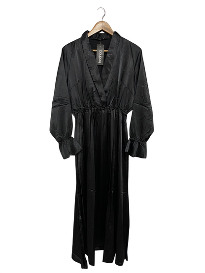 BOOHOO |L| BUST 20| A69| BLACK SATIN WRAP-EFFECT LONG SLEEVE MAXI DRESS