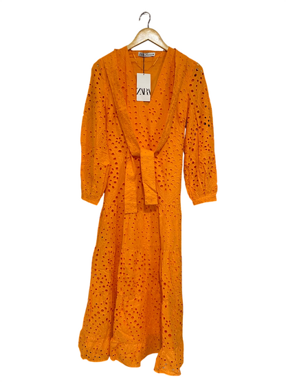 ZARA |XS| BUST 17| A69| ORANGE EMBROIDERED BRODERIE ANGLAISE TIERED MIDI DRESS