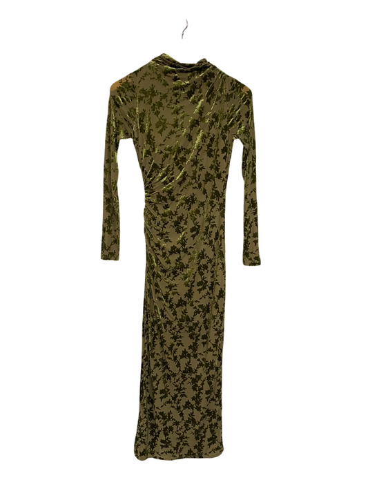 NEW LOOK |S| BUST 14| A69| OLIVE GREEN VELVET BURNOUT FLORAL RUCHED LONG-SLEEVE MIDI DRESS