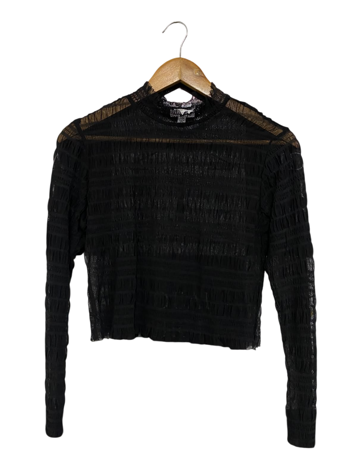 WAREHOUSE |XS| BUST 17| A67| BLACK MESH RUCHED MOCK NECK LONG-SLEEVE TOP