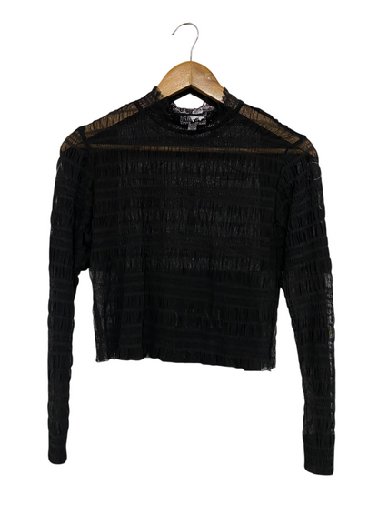 WAREHOUSE |XS| BUST 17| A67| BLACK MESH RUCHED MOCK NECK LONG-SLEEVE TOP