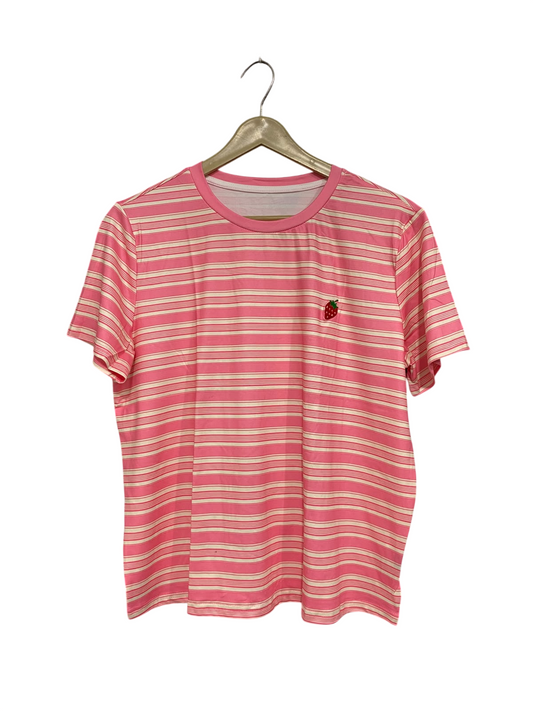 |M| BUST 22| A69| PINK & WHITE STRIPED STRAWBERRY EMBROIDERED T-SHIRT