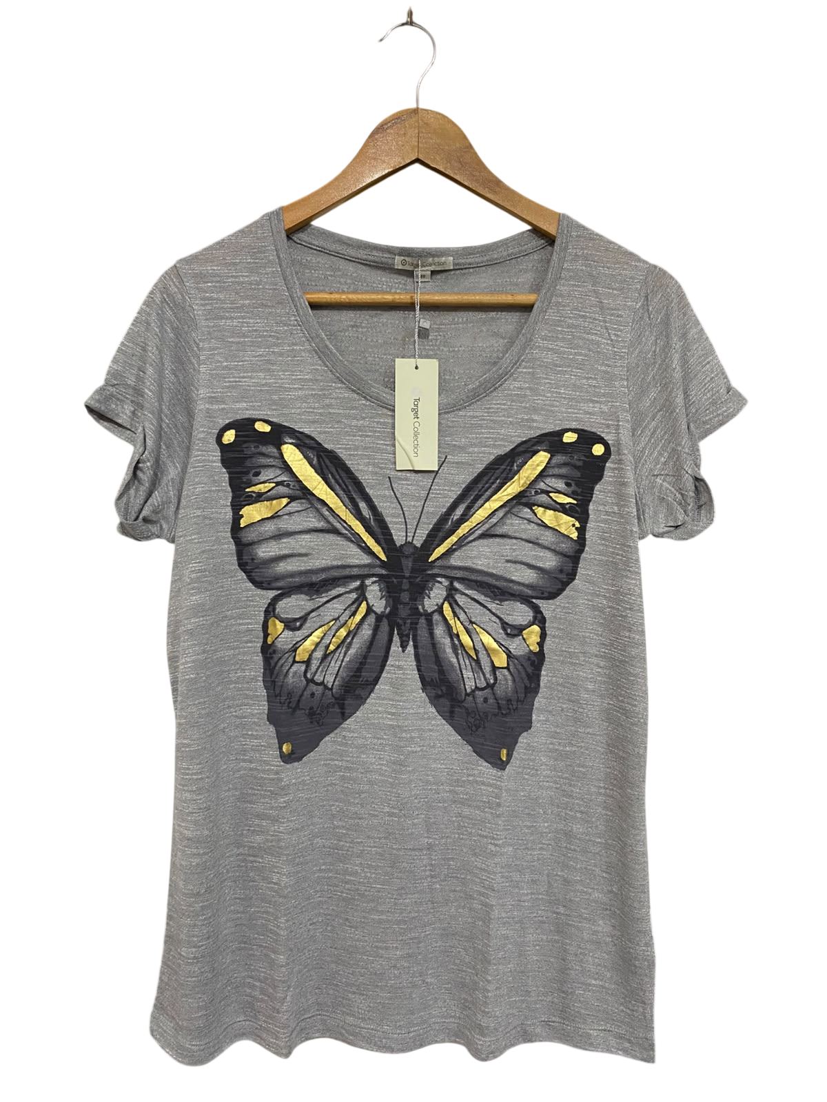 TARGET COLLECTION |M| BUST 19| A69|  GREY BUTTERFLY PRINT SHORT-SLEEVE T-SHIRT