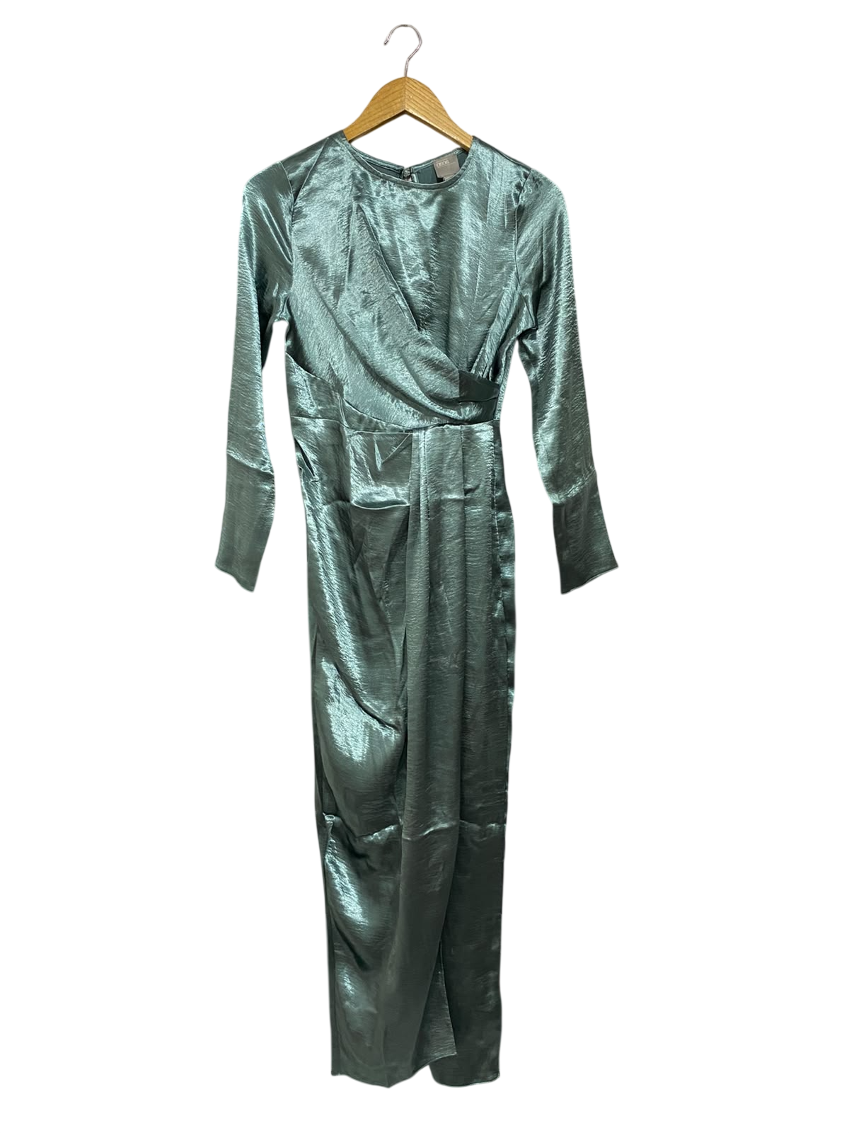 ASOS |S| BUST 16| A69| SAGE GREEN METALLIC WRAP-EFFECT LONG SLEEVE MIDI DRESS