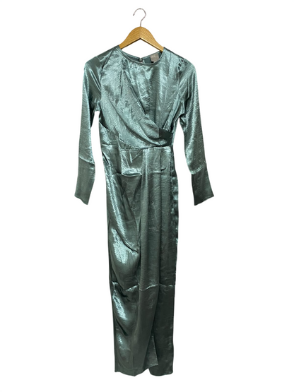 ASOS |S| BUST 16| A69| SAGE GREEN METALLIC WRAP-EFFECT LONG SLEEVE MIDI DRESS