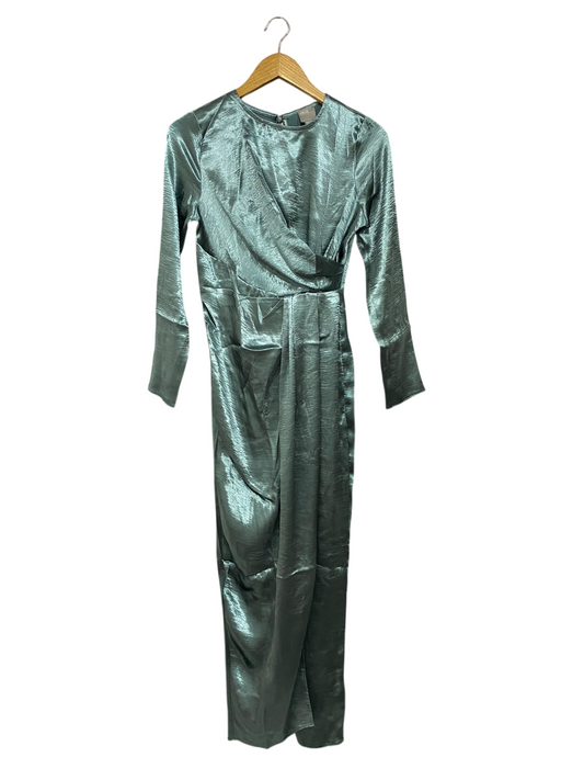 ASOS |S| BUST 16| A69| SAGE GREEN METALLIC WRAP-EFFECT LONG SLEEVE MIDI DRESS