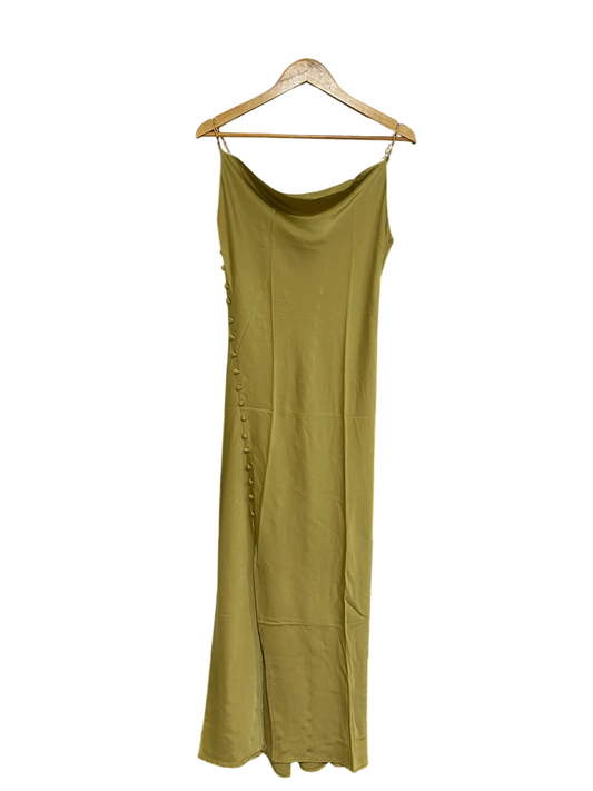QUIZ |S| BUST 17| A69| OLIVE GREEN SATIN COWL NECK SLIP MAXI DRESS WITH BUTTON & SLIT DETAIL